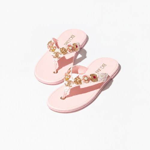 17C Pink/Silver Tweed Charm T-Strap Thong Sandals