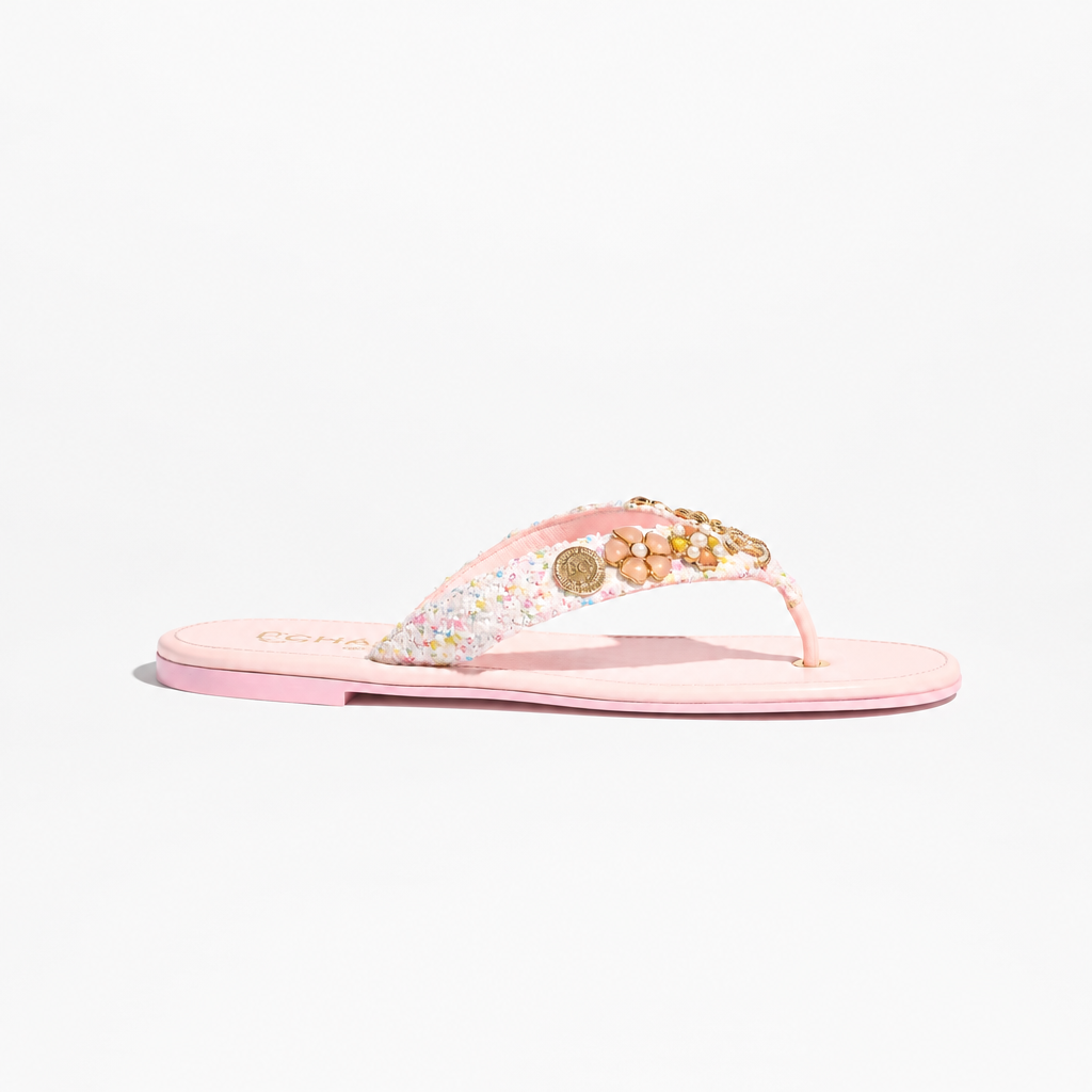 17C Pink/Silver Tweed Charm T-Strap Thong Sandals