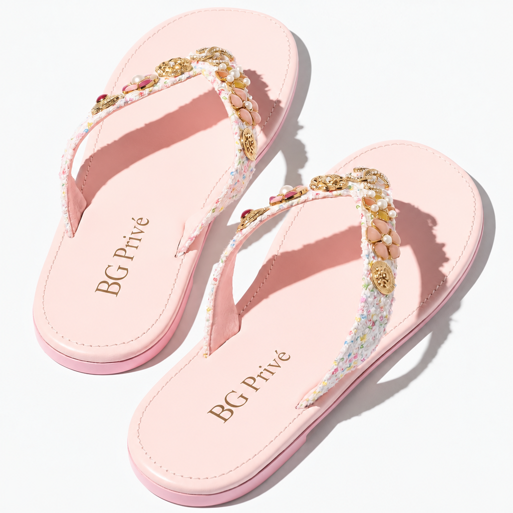 17C Pink/Silver Tweed Charm T-Strap Thong Sandals