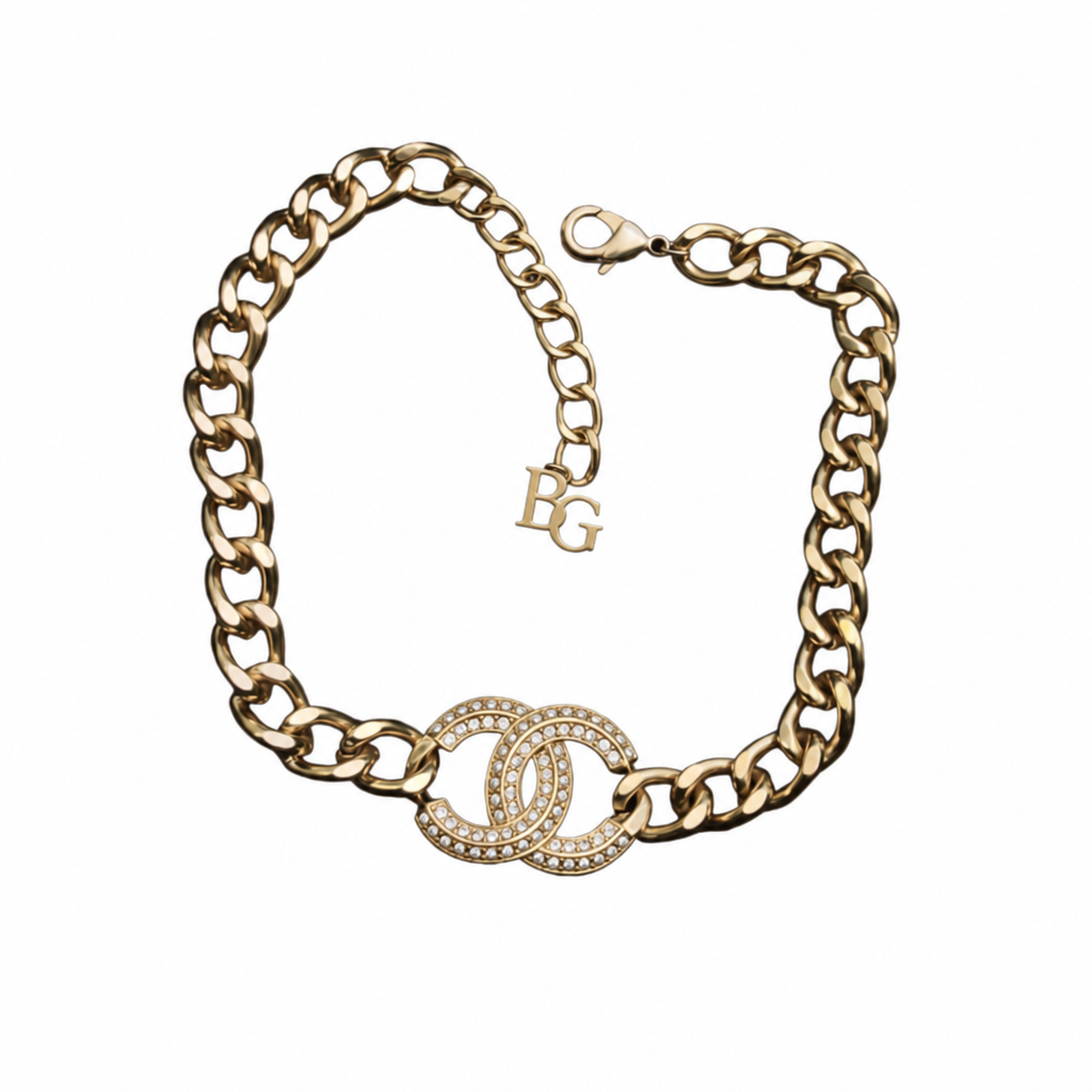 Metal Crystal Pearl Chain Link Necklace Gold