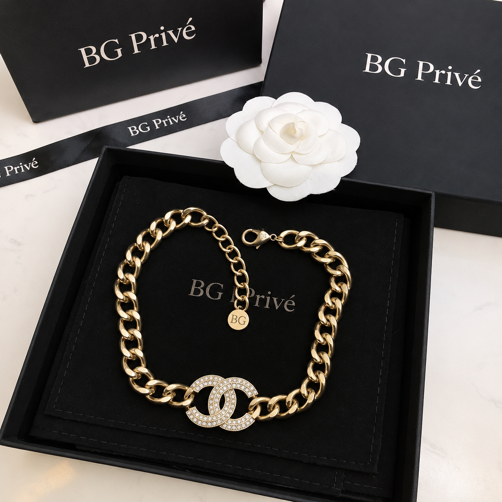 Metal Crystal Pearl Chain Link Necklace Gold