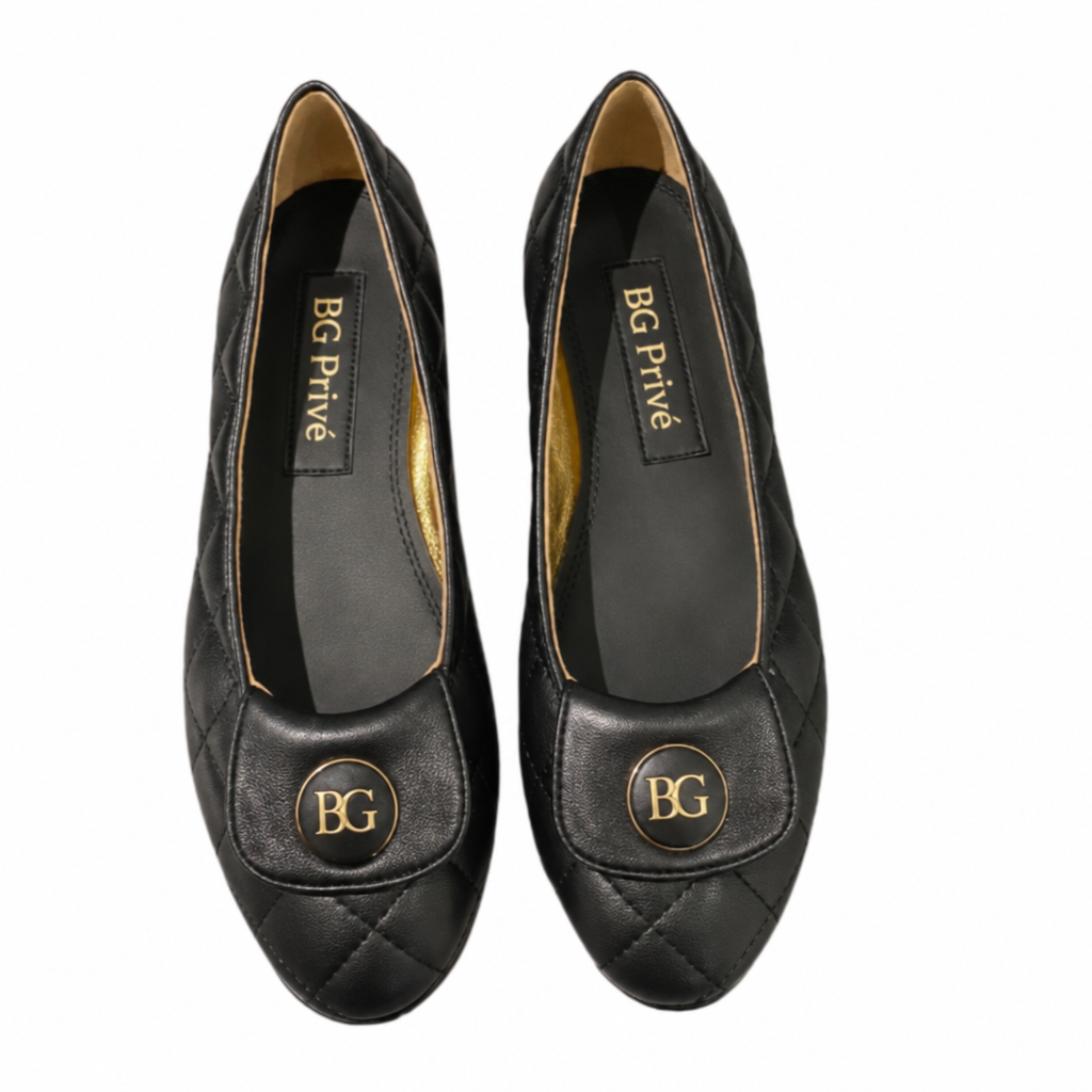 Black Quilted Leather Ballet Flats with Gold Medallions