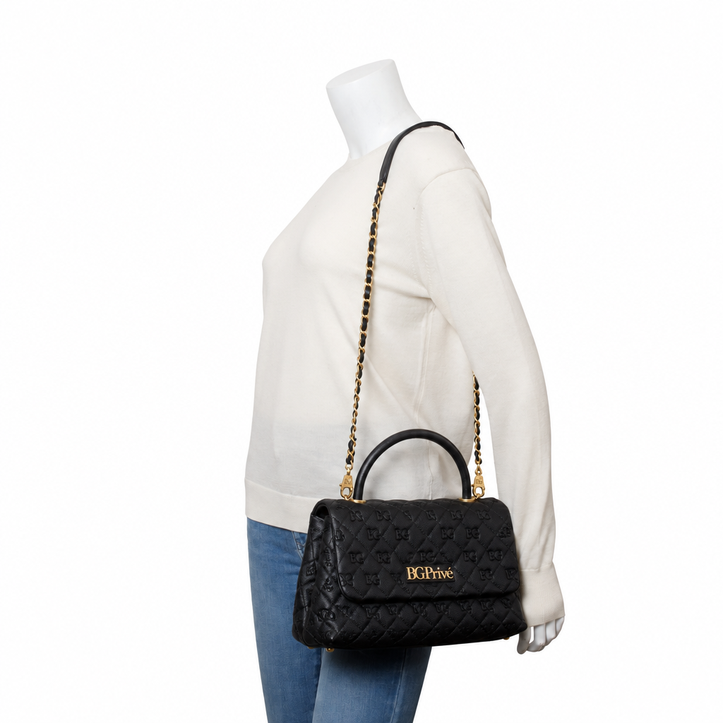Coco Handle Large Flap Bag with Top Handle in Black
