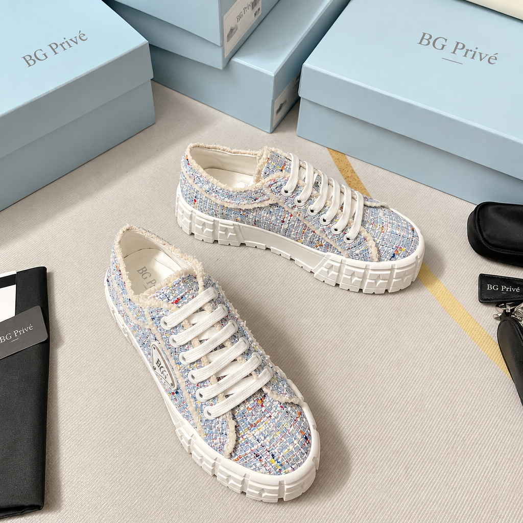Double Wheel Tweed Low-Top Platform Sneakers