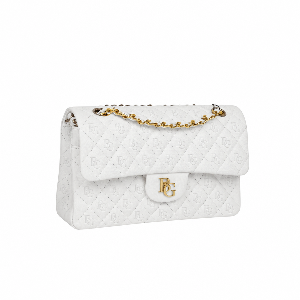 Small Classic Flap Handbag in White Grained Calfskin