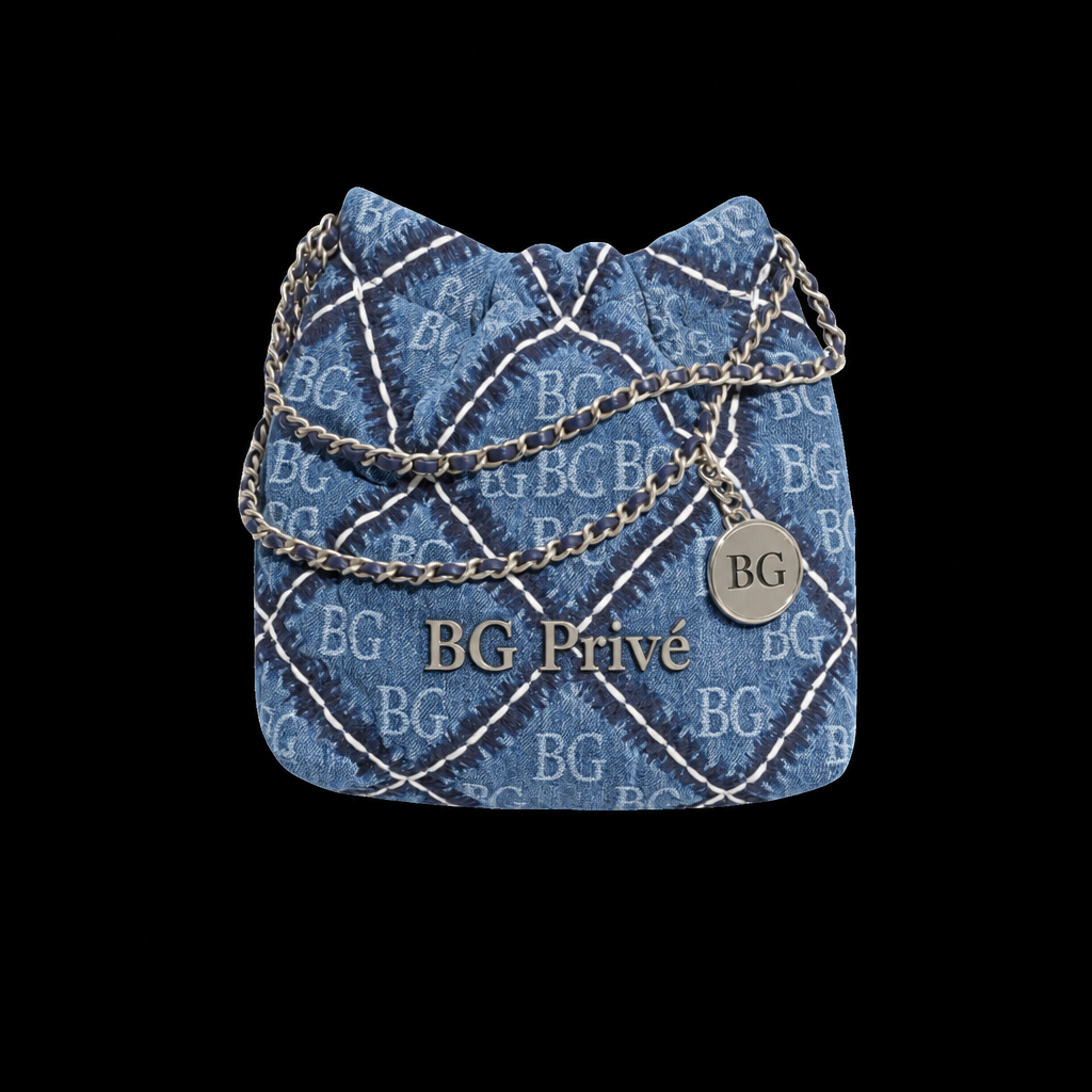 22 Mini Handbag in Blue Stitched Denim and Silver-Tone Metal