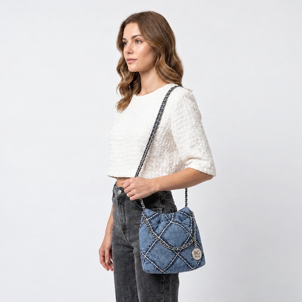 22 Mini Handbag in Blue Stitched Denim and Silver-Tone Metal