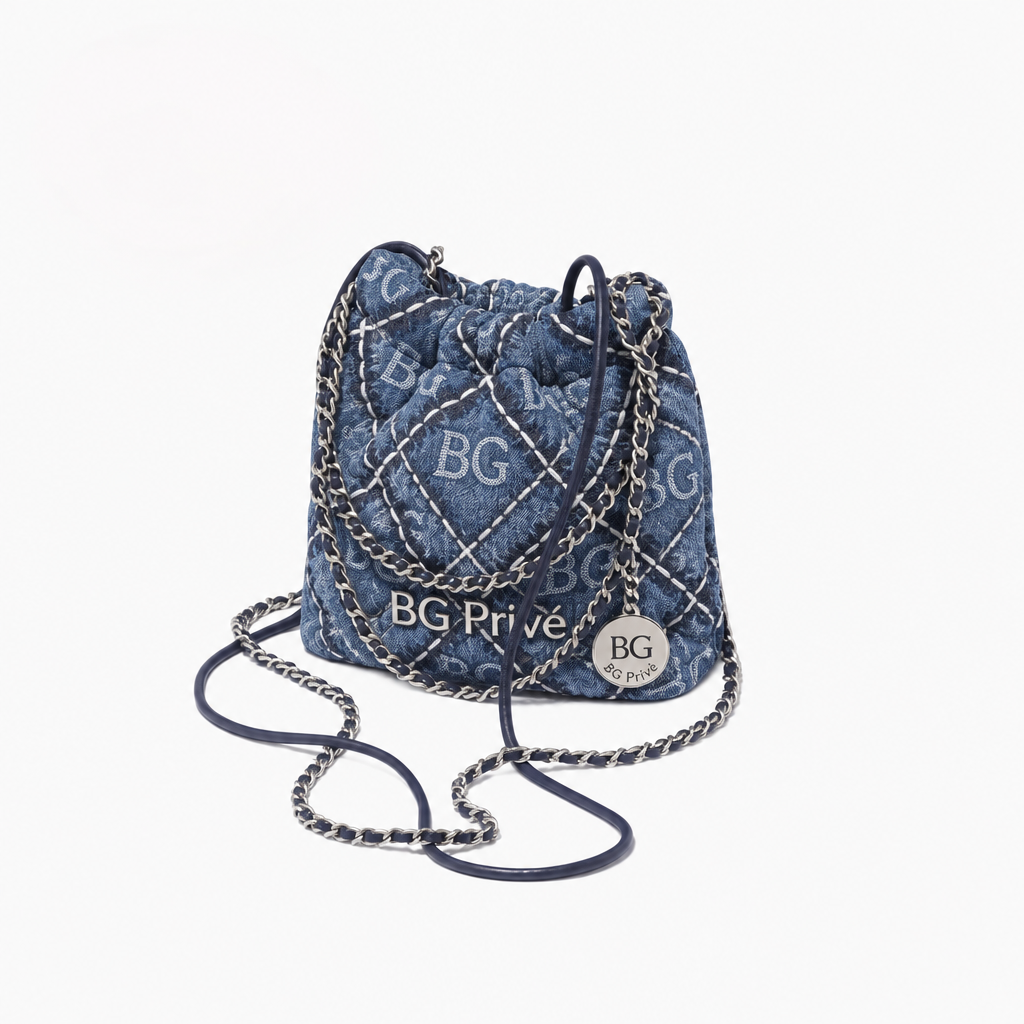 22 Mini Handbag in Blue Stitched Denim and Silver-Tone Metal