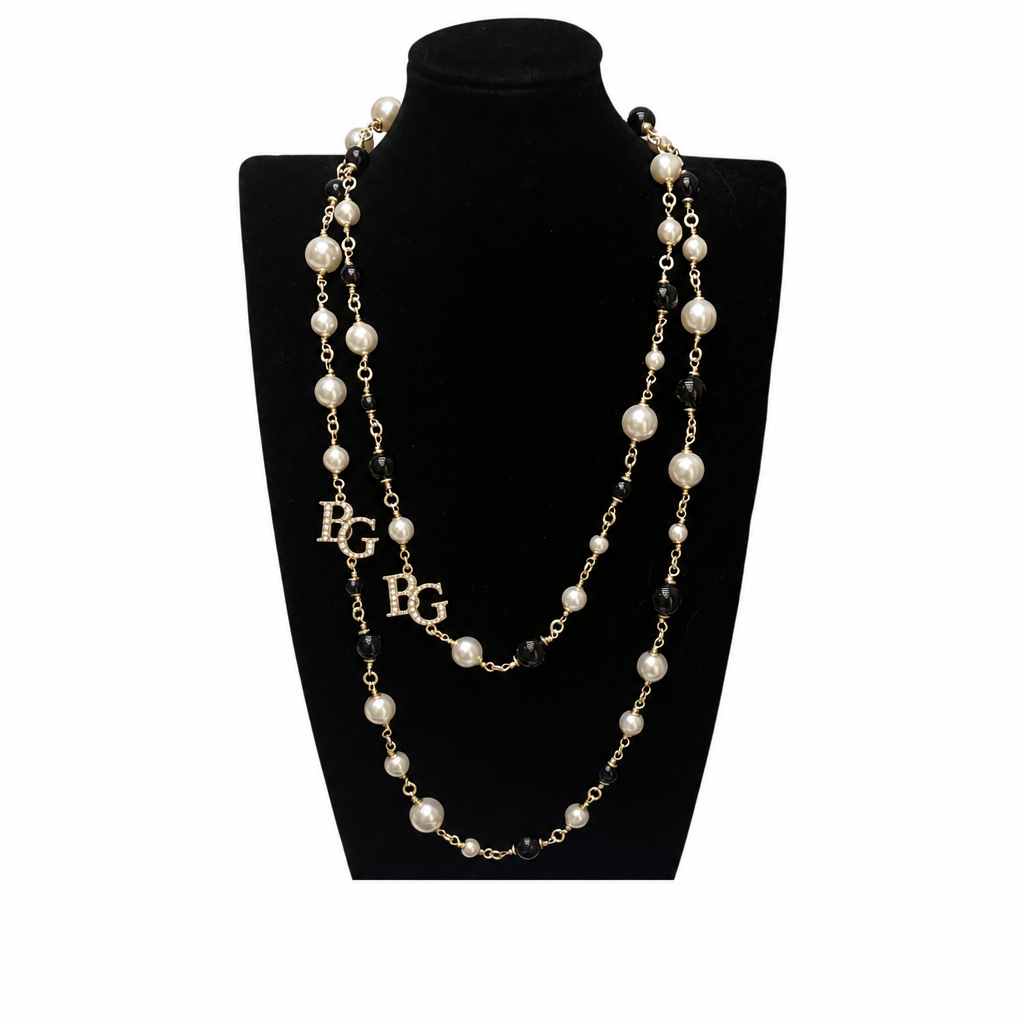 Faux Pearl &amp; Black Beads Baroque Sautoir Necklace