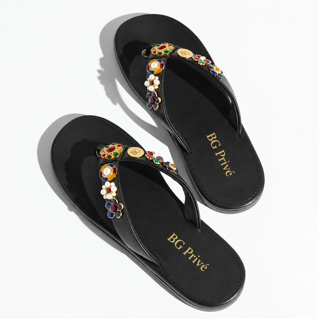 Black Embellished Thong Sandals with Gold Accents