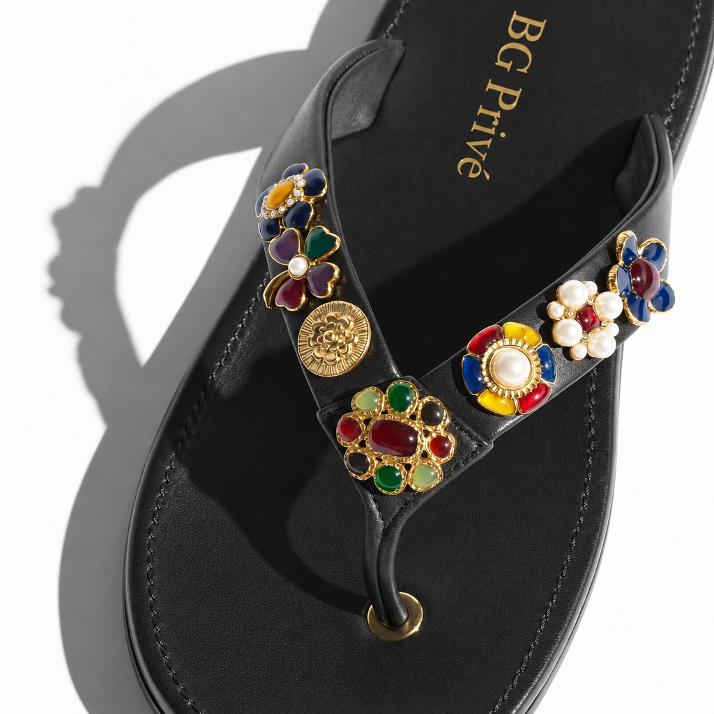 Black Embellished Thong Sandals with Gold Accents