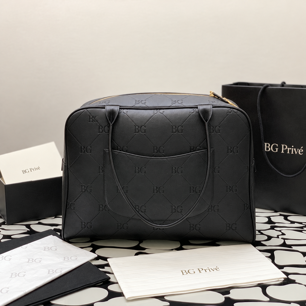 Calfskin Stitched Maxi Logo Bowling Bag in Black