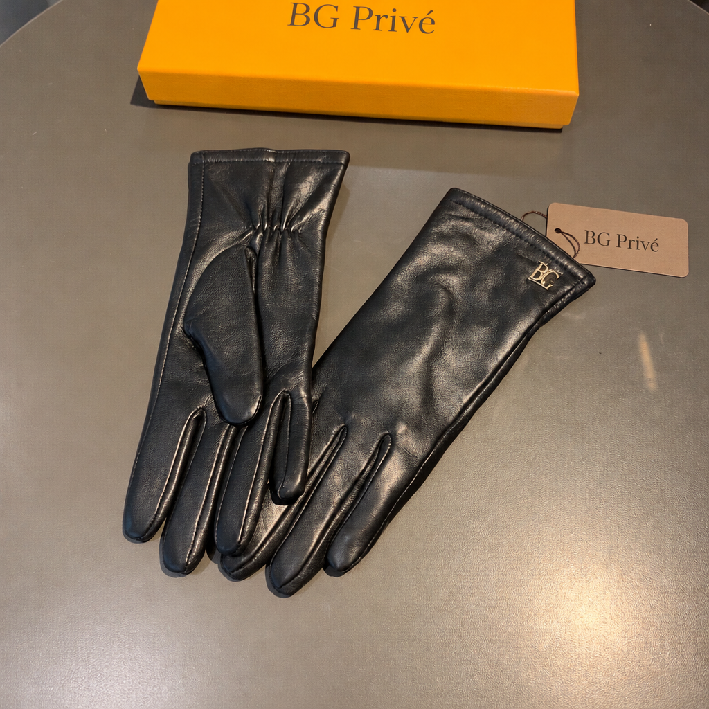 Black Long Leather Gloves with Initials Cuff Hardware