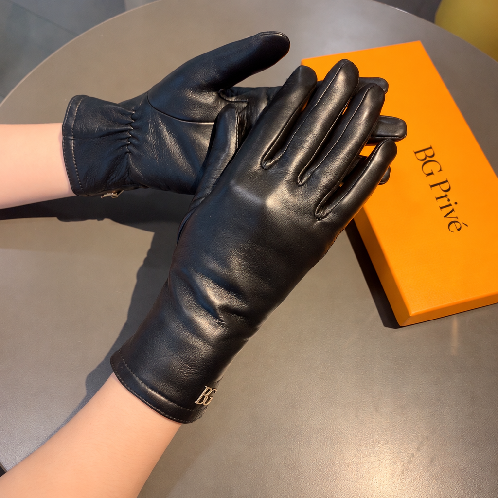 Black Long Leather Gloves with Initials Cuff Hardware