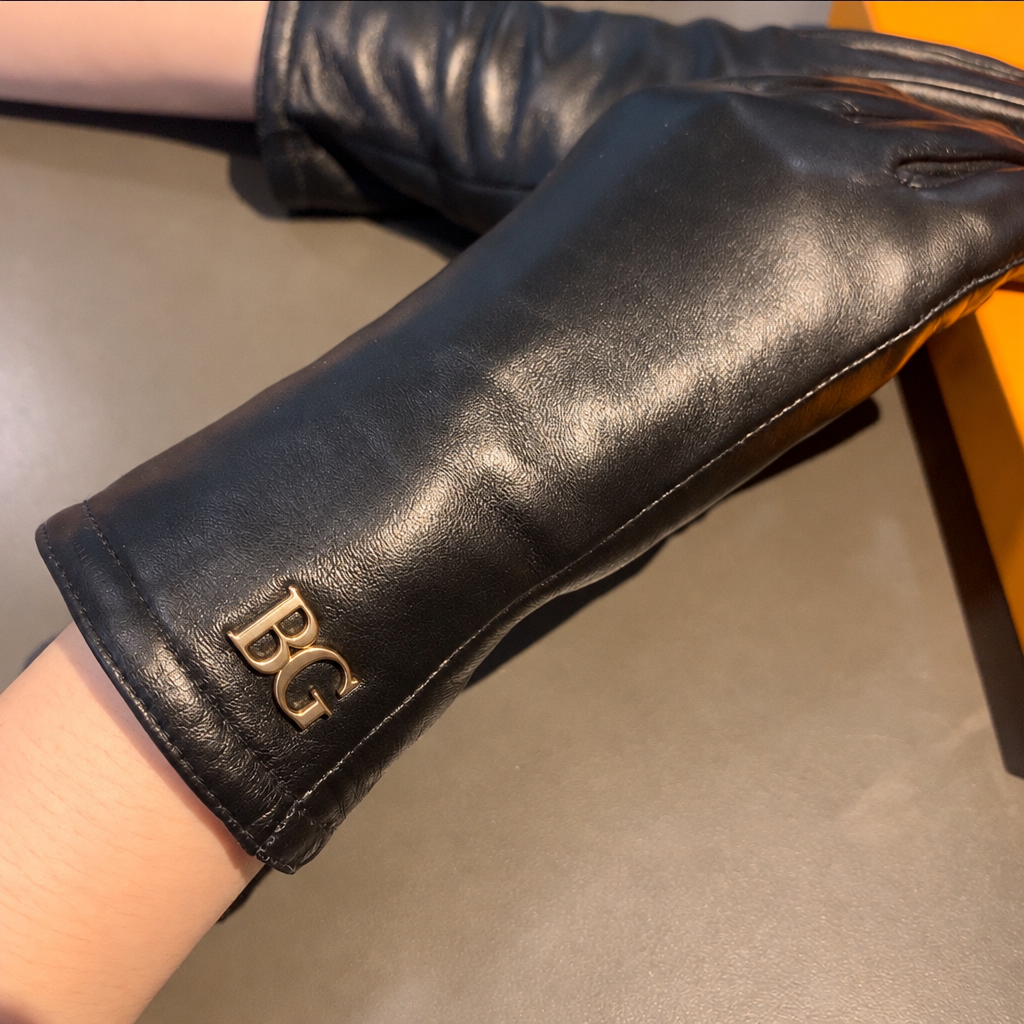 Black Long Leather Gloves with Initials Cuff Hardware