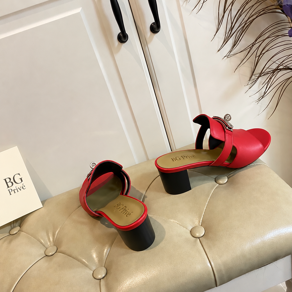 Candy sandal Red Leather Women's Block-Heel Mule