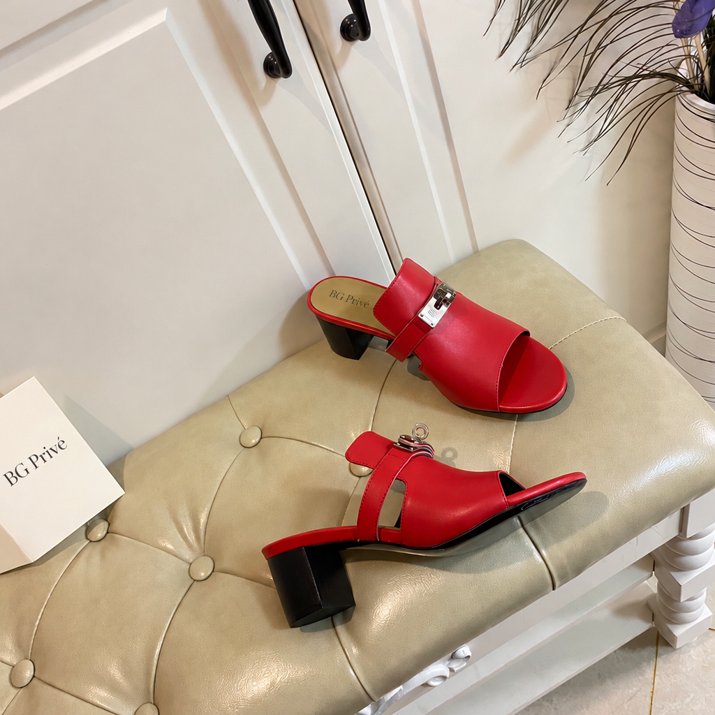 Candy sandal Red Leather Women's Block-Heel Mule