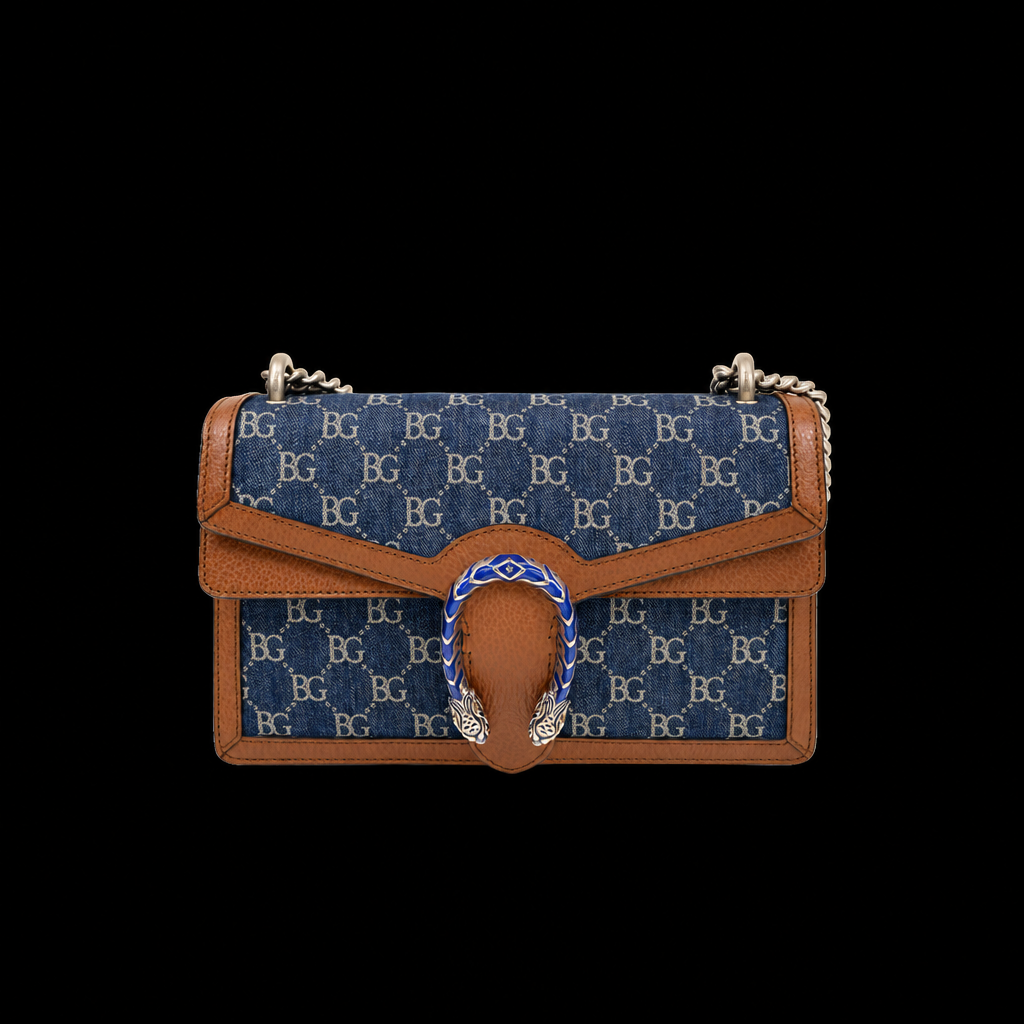 Dionysus Small Shoulder Bag in Dark Blue and Ivory Jacquard Denim