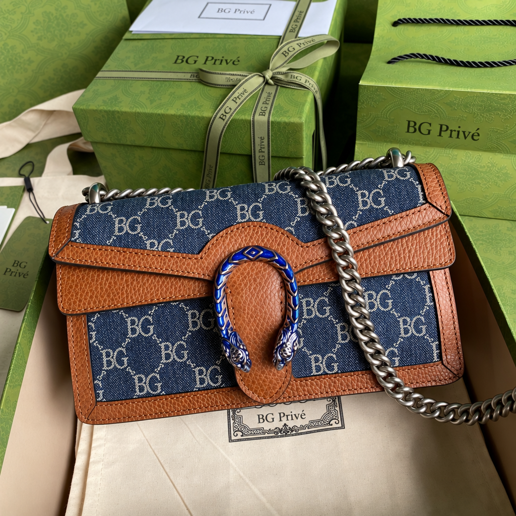 Dionysus Small Shoulder Bag in Dark Blue and Ivory Jacquard Denim
