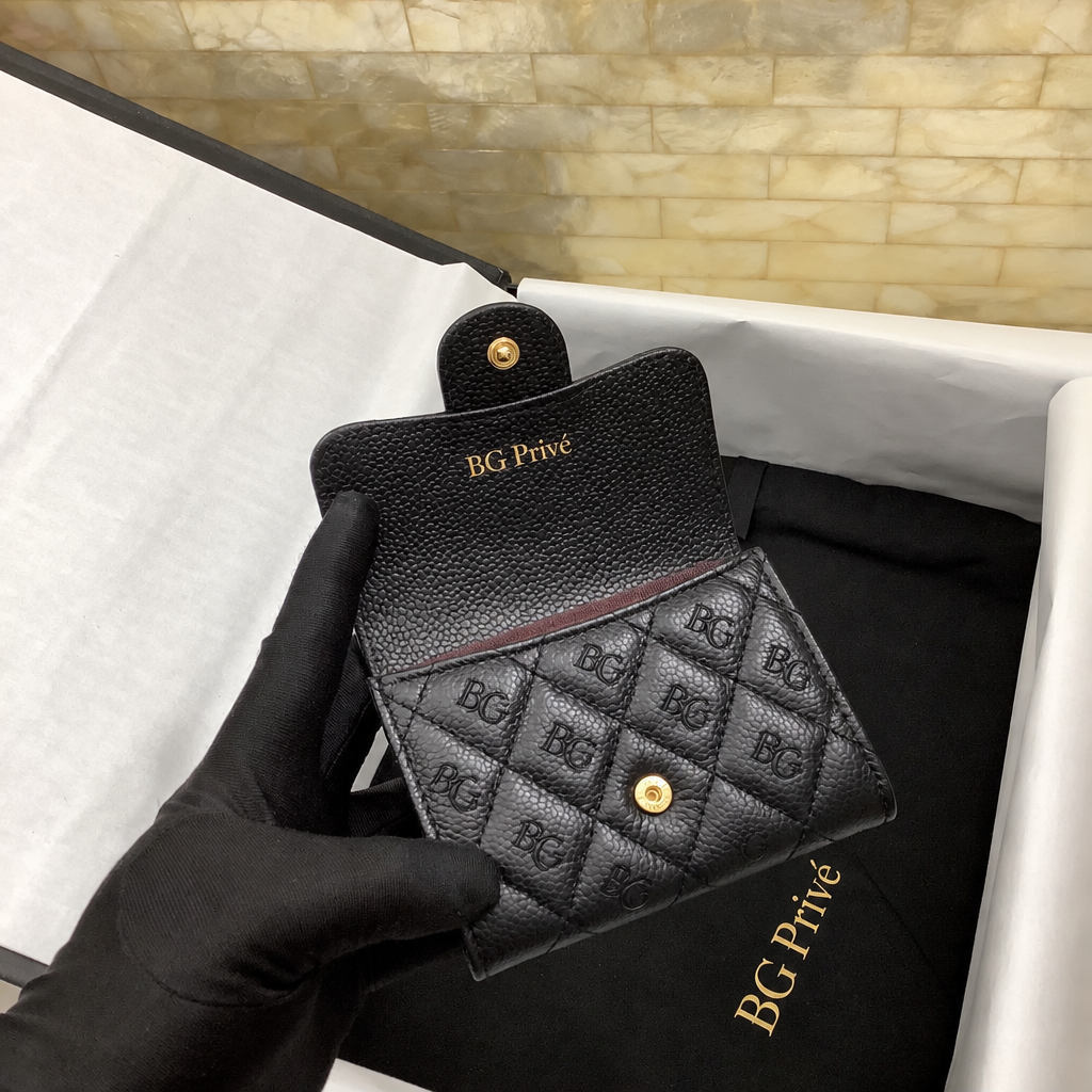 Classic Card Holder in Black Grained Calfskin with Gold-Tone Hardware