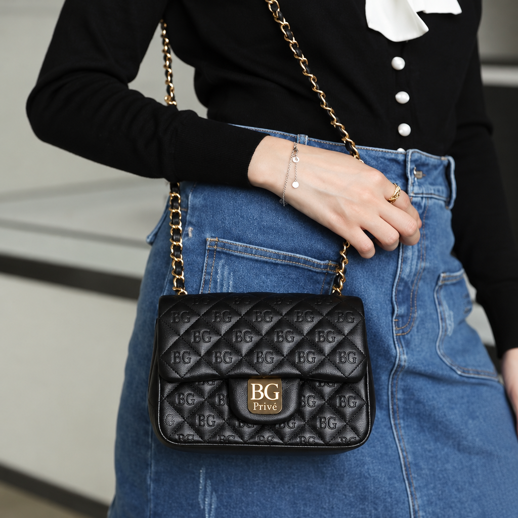 Mini Square Flap Handbag in Black Grained Leather