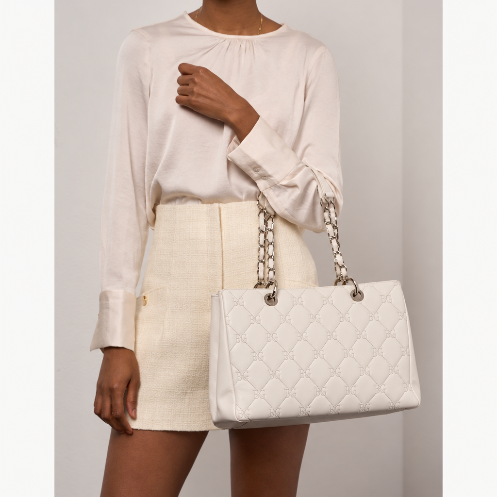 GST White Grand Shopping Tote with Silver Hardware