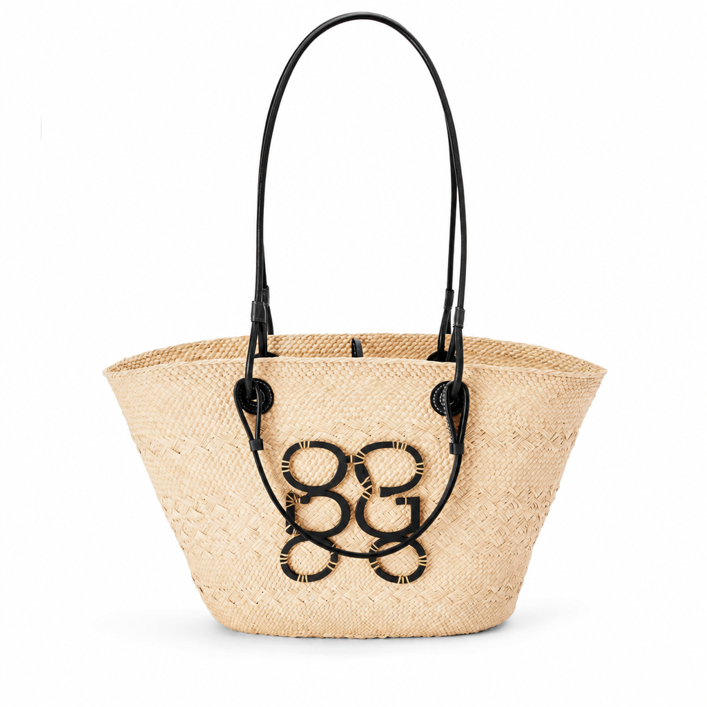 Medium Anagram Basket Bag in Iraca Palm and Calfskin - Natural/Black