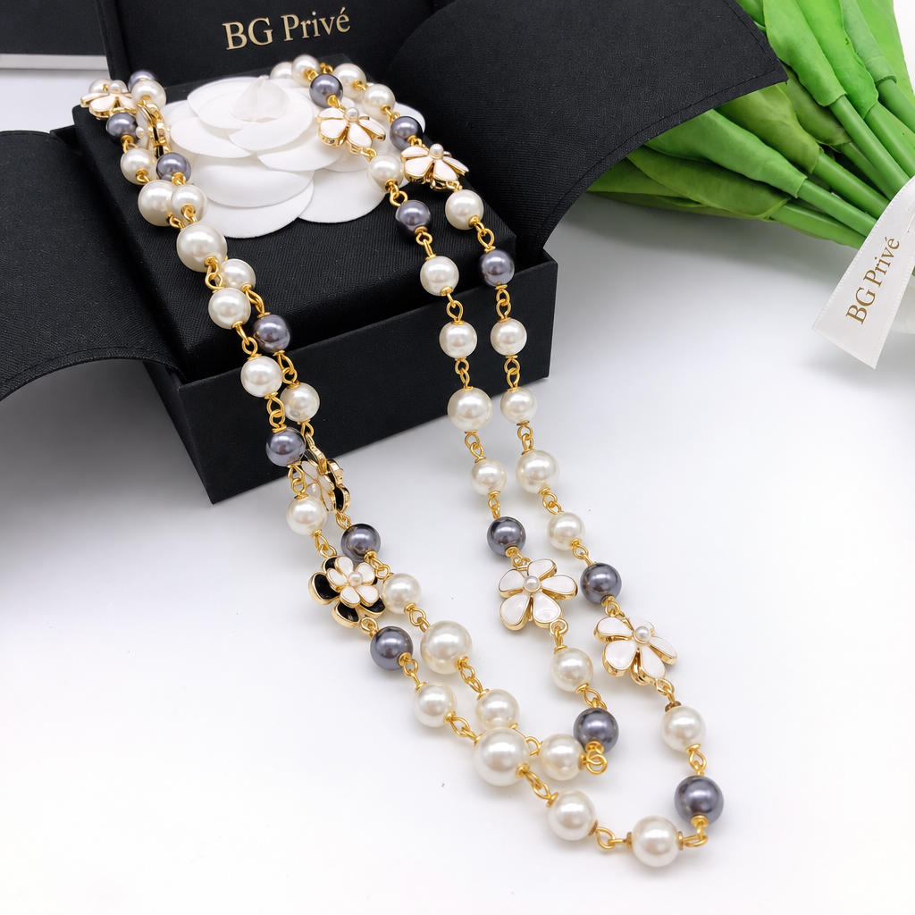 Camellia Enamel, Faux Pearl and Bead Long Station Necklace