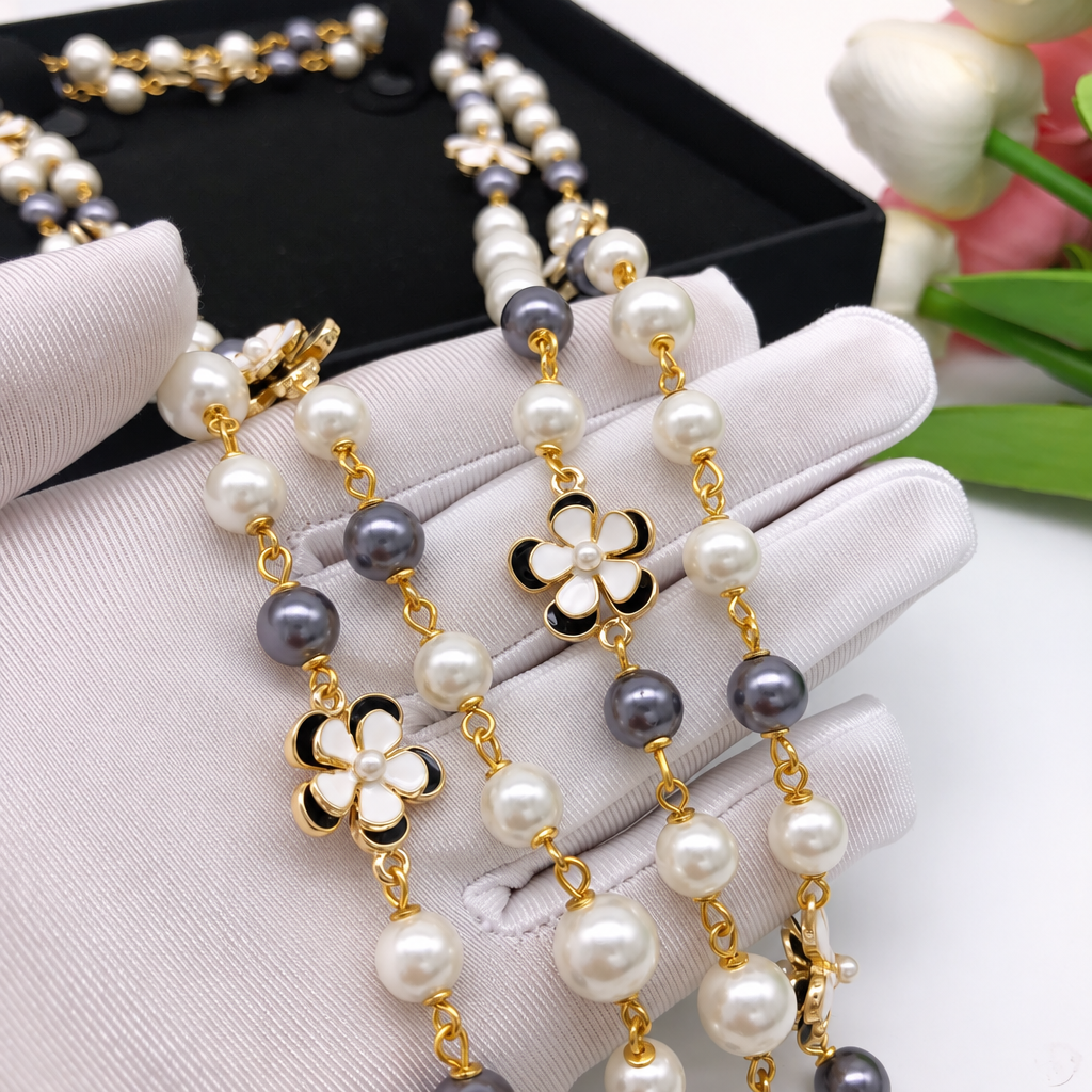 Camellia Enamel, Faux Pearl and Bead Long Station Necklace
