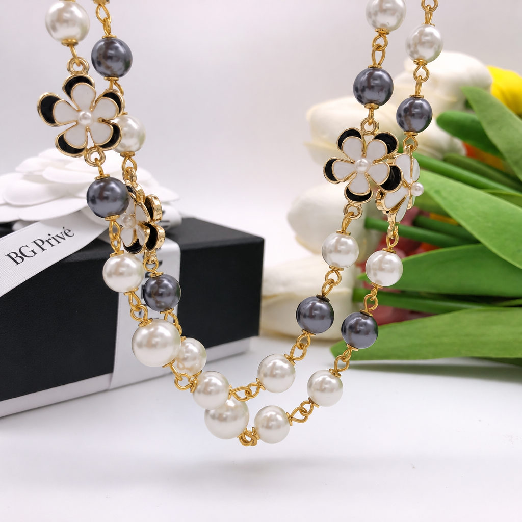 Camellia Enamel, Faux Pearl and Bead Long Station Necklace