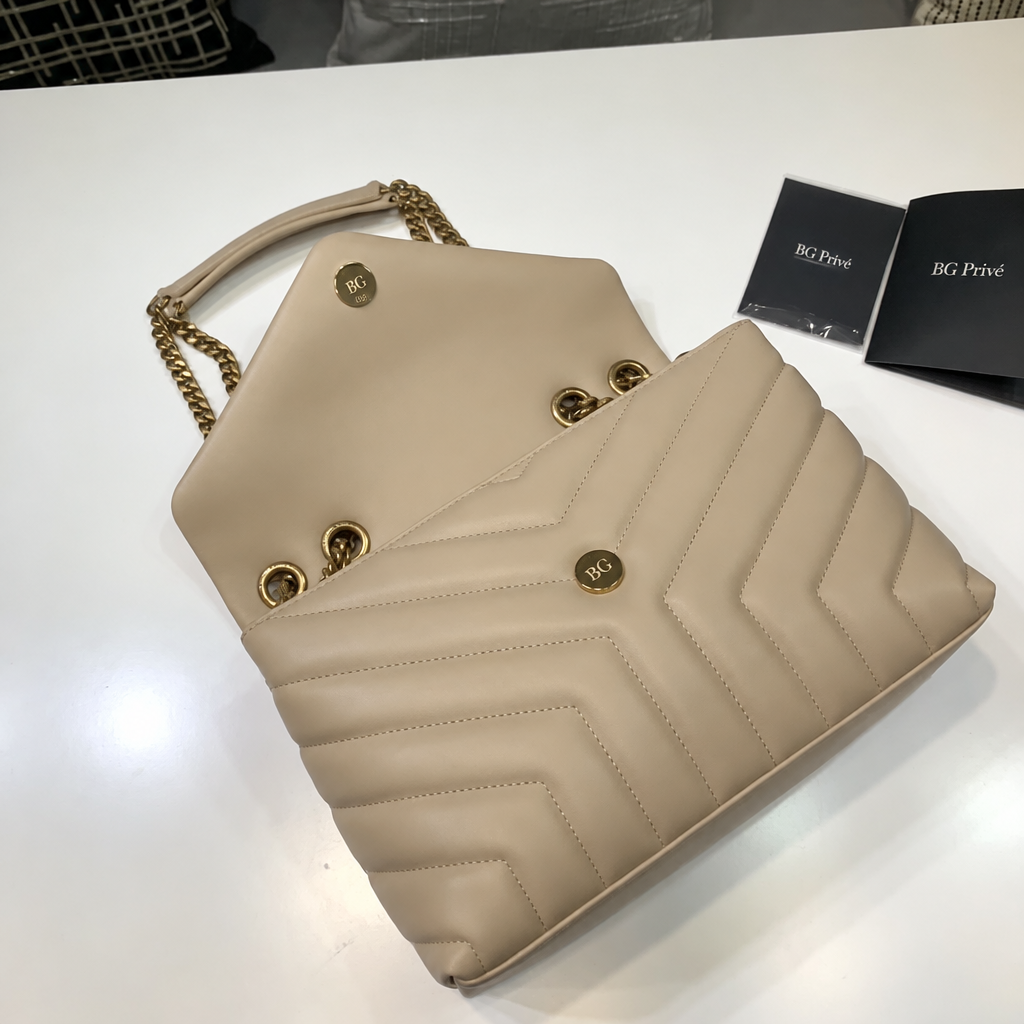 Loulou Small Matelassé Leather Shoulder Bag in Dark Beige