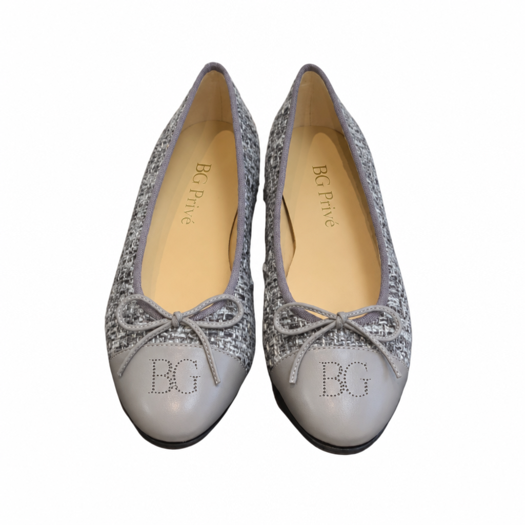 Tweed Cap-Toe Bow Logo Ballerina Flats