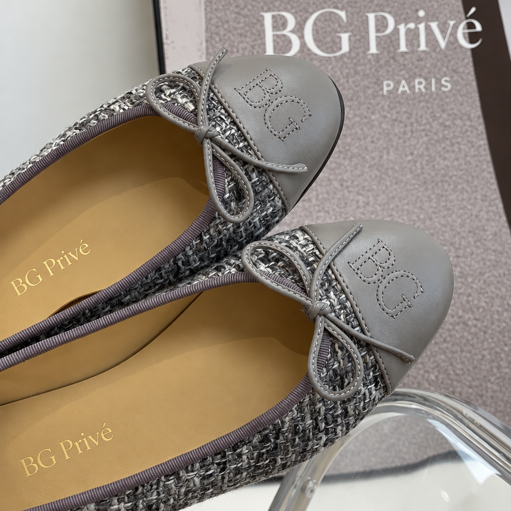 Tweed Cap-Toe Bow Logo Ballerina Flats