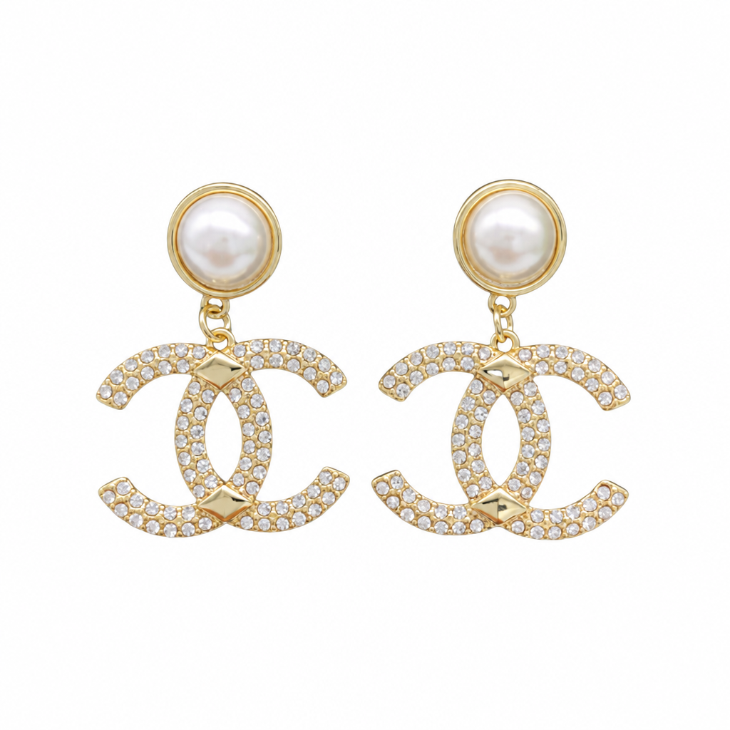 Pale Gold Metal, Crystal and Pearl Drop Earrings